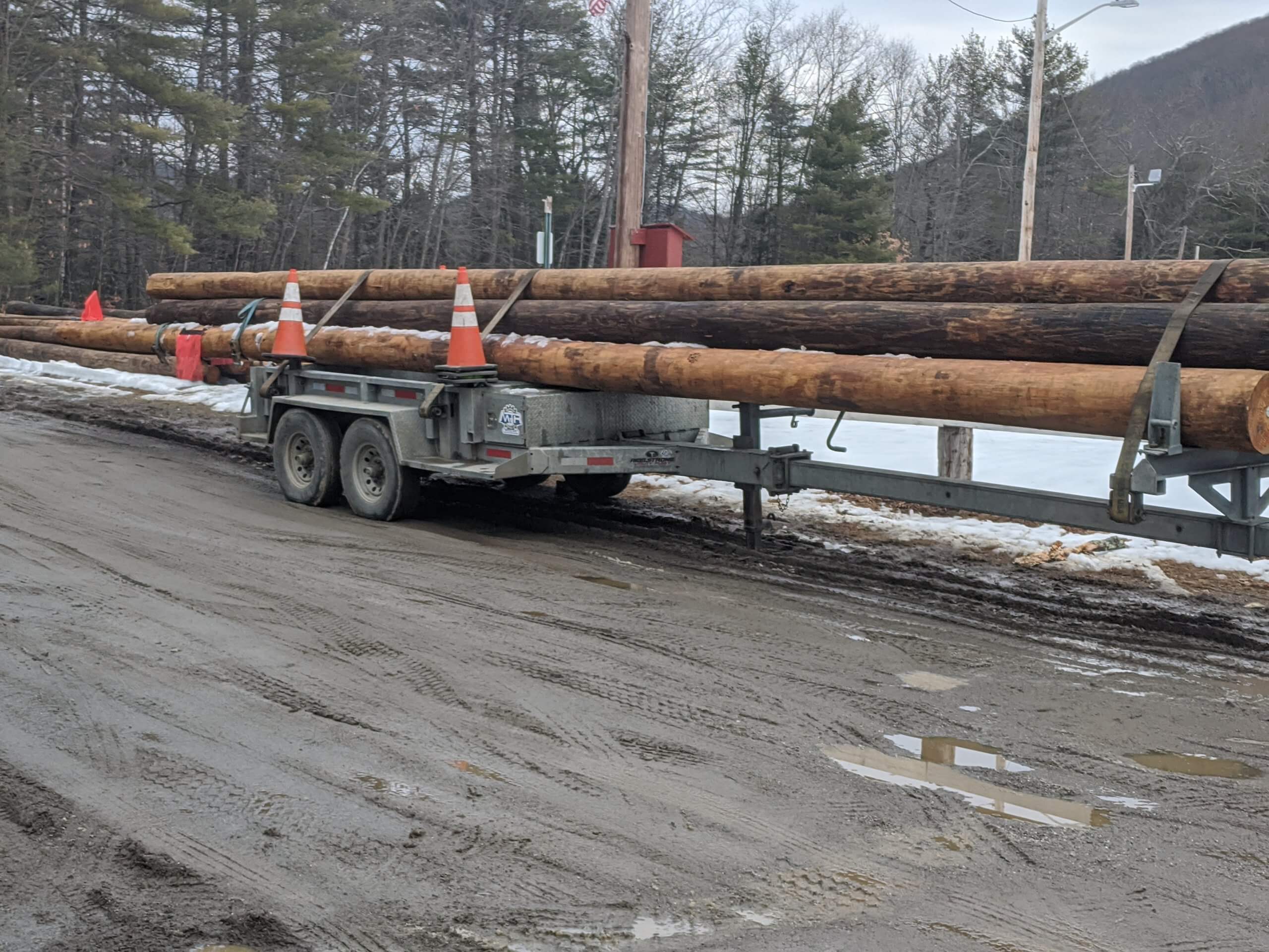 Utility poles on a trailer on a dirt road
